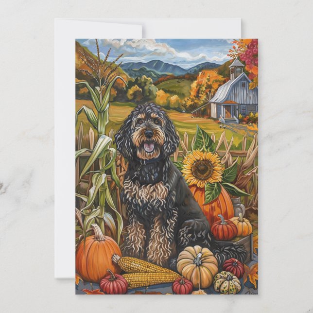 Bernedoodle Dog Autumn Harvest Thanksgiving Holiday Card (Front)