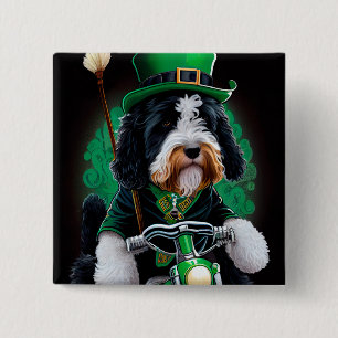Bernedoodle Dog driving bike St. Patrick's Day 15 Cm Square Badge