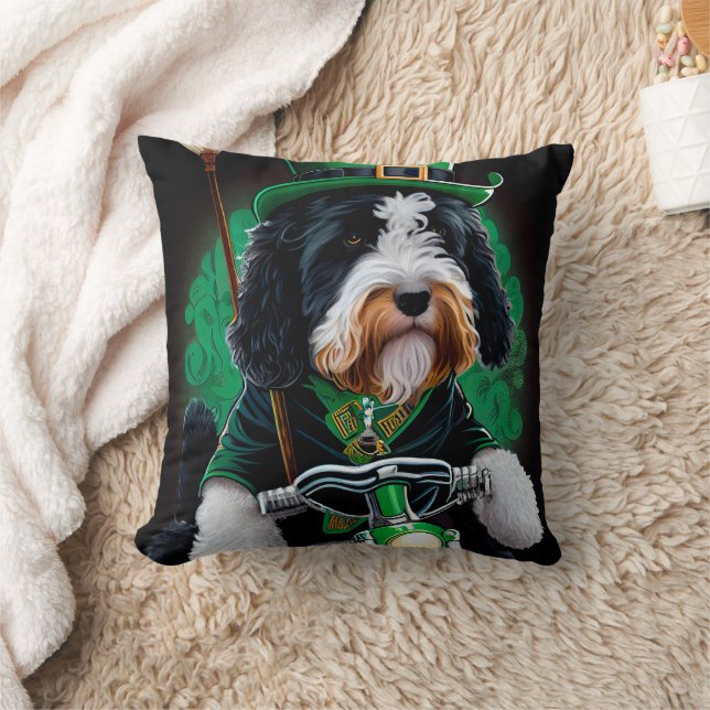 Bernedoodle Dog driving bike St. Patrick's Day Cushion (Blanket)