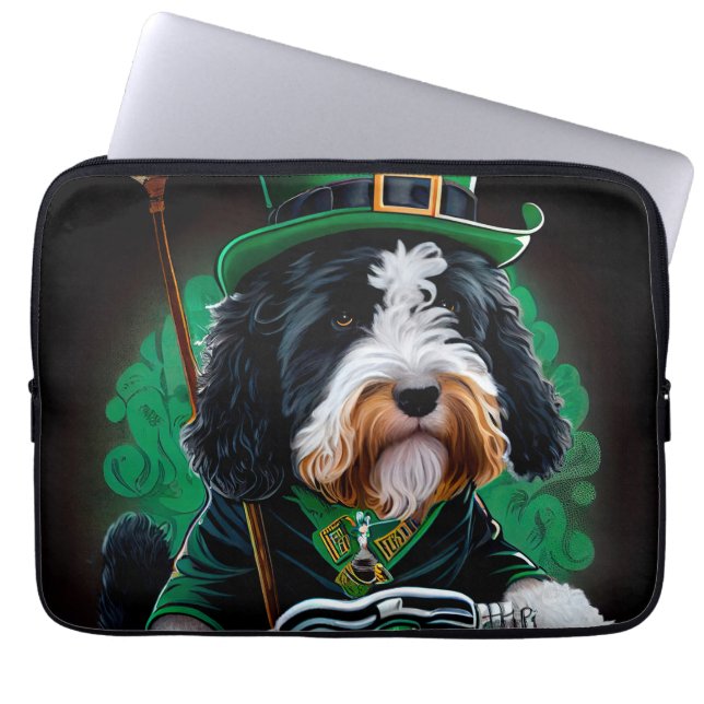 Bernedoodle Dog driving bike St. Patrick's Day Laptop Sleeve (Front)