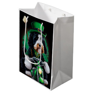 Bernedoodle Dog driving bike St. Patrick's Day Medium Gift Bag