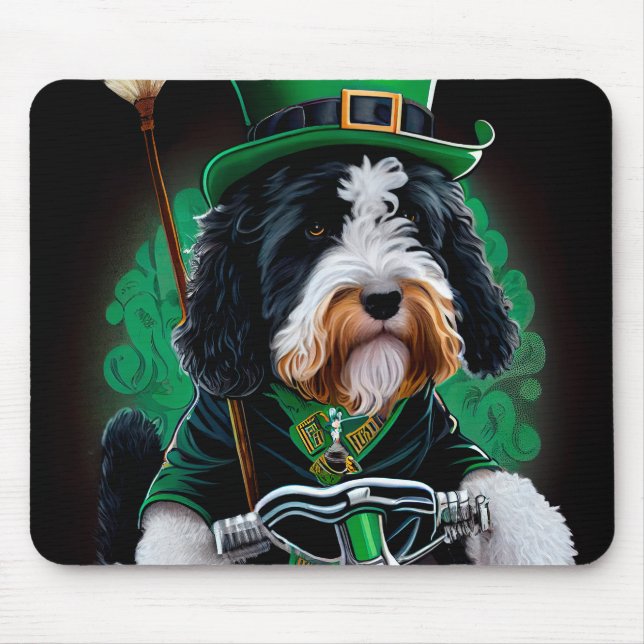 Bernedoodle Dog driving bike St. Patrick's Day Mouse Mat (Front)