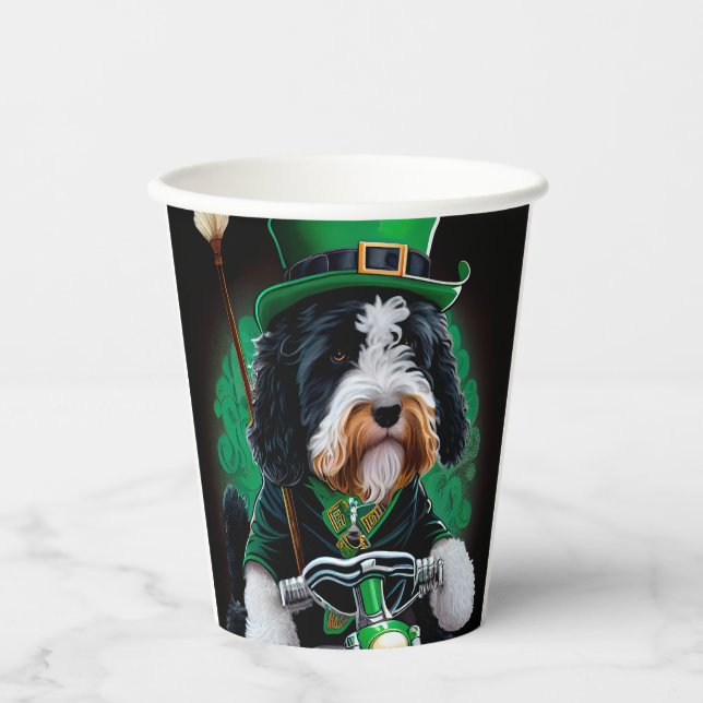 Bernedoodle Dog driving bike St. Patrick's Day Paper Cups (Front)