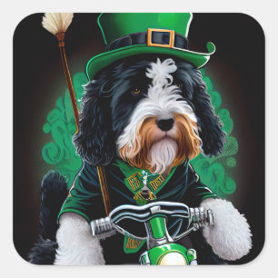 Bernedoodle Dog driving bike St. Patrick's Day Square Sticker