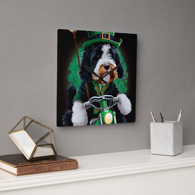 Bernedoodle Dog driving bike St. Patrick's Day Square Wall Clock (Office)