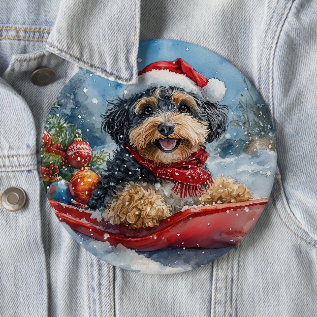 Bernedoodle Dog in Sledge Let it Snow Christmas 6 Cm Round Badge (In Situ)
