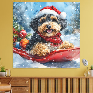 Bernedoodle Dog in Sledge Let it Snow Christmas Canvas Print