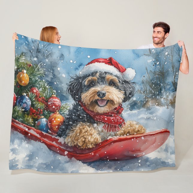 Bernedoodle Dog in Sledge Let it Snow Christmas Fleece Blanket (In Situ)