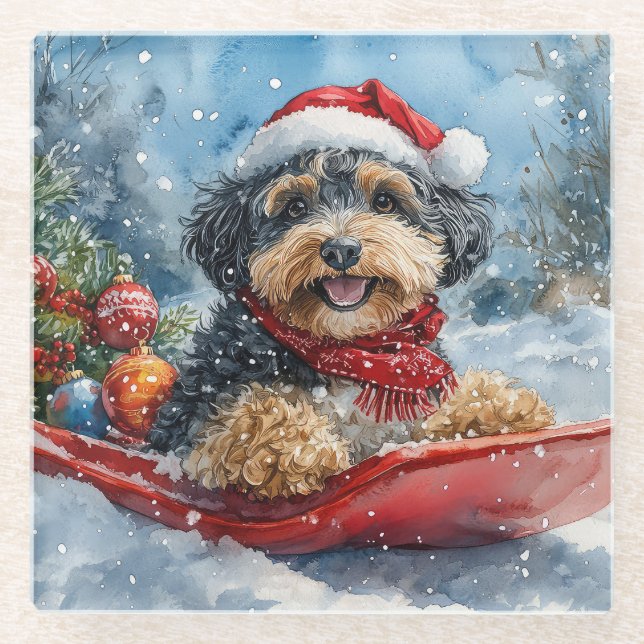 Bernedoodle Dog in Sledge Let it Snow Christmas Glass Coaster (Front)