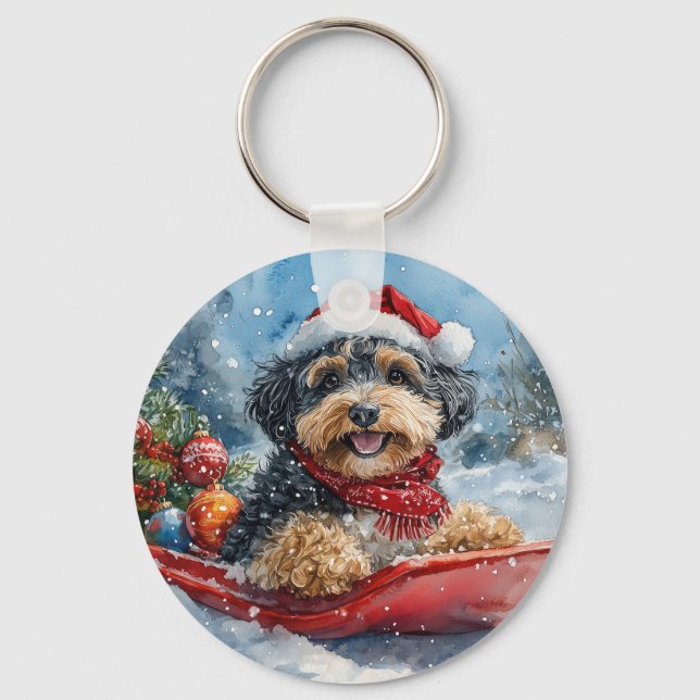 Bernedoodle Dog in Sledge Let it Snow Christmas Key Ring (Front)
