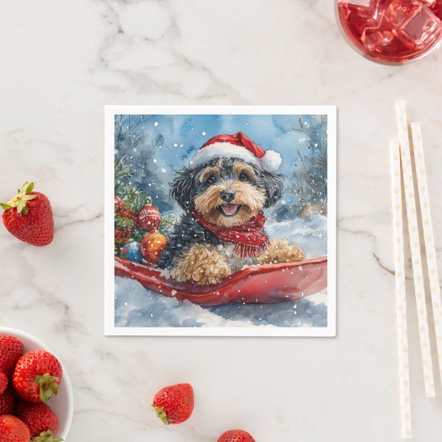 Bernedoodle Dog in Sledge Let it Snow Christmas Napkin (Insitu)