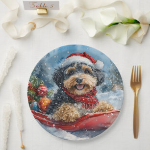 Bernedoodle Dog in Sledge Let it Snow Christmas Paper Plate