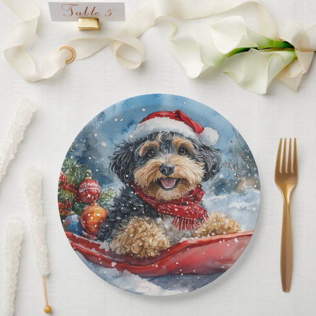 Bernedoodle Dog in Sledge Let it Snow Christmas Paper Plate (Wedding)