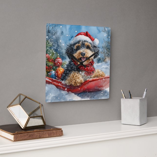Bernedoodle Dog in Sledge Let it Snow Christmas Square Wall Clock (Office)