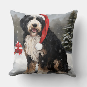 Bernedoodle Dog in Snow Christmas  Cushion