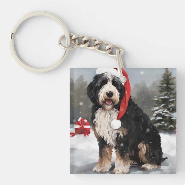 Bernedoodle Dog in Snow Christmas  Key Ring (Front)