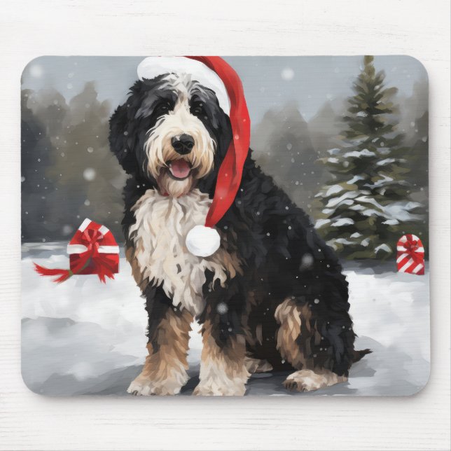 Bernedoodle Dog in Snow Christmas  Mouse Mat (Front)