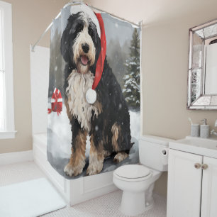 Bernedoodle Dog in Snow Christmas Shower Curtain
