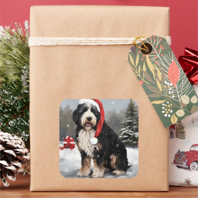 Bernedoodle Dog in Snow Christmas  Square Sticker (Holiday)