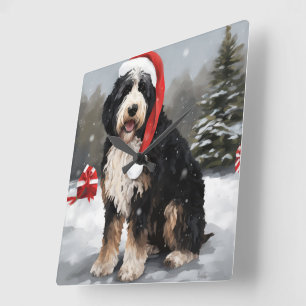 Bernedoodle Dog in Snow Christmas Square Wall Clock