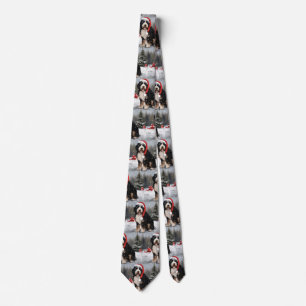 Bernedoodle Dog in Snow Christmas Tie