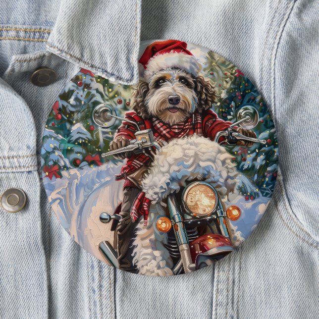 Bernedoodle Dog Riding Motorcycle Christmas 6 Cm Round Badge (In Situ)