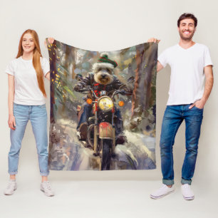 Bernedoodle Dog Riding Motorcycle Christmas  Fleece Blanket