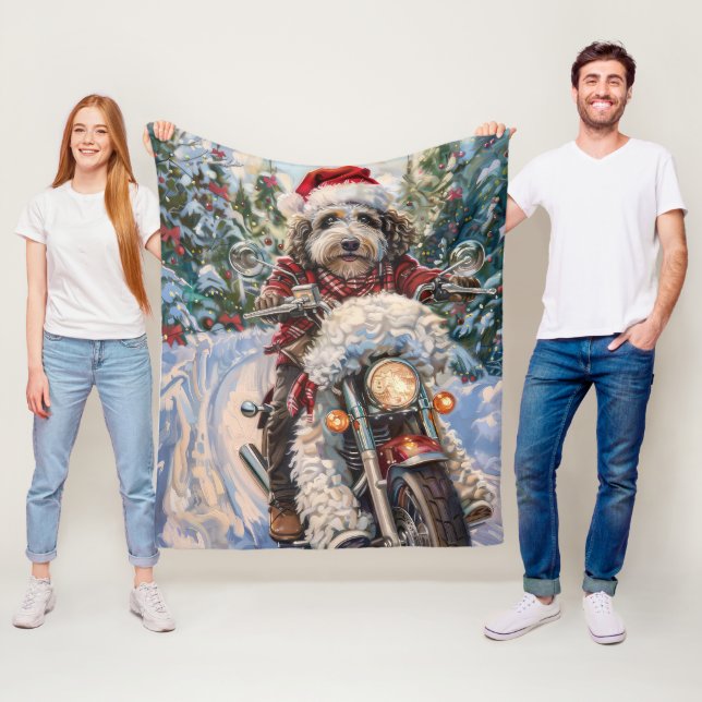 Bernedoodle Dog Riding Motorcycle Christmas Fleece Blanket (In Situ)