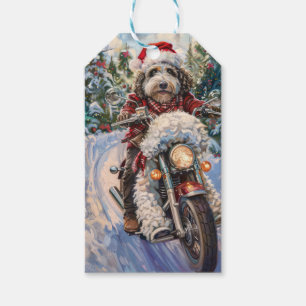 Bernedoodle Dog Riding Motorcycle Christmas Gift Tags