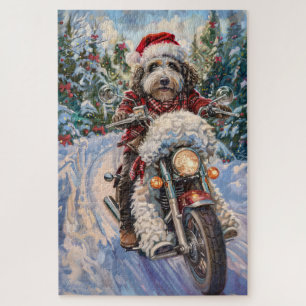 Bernedoodle Dog Riding Motorcycle Christmas Jigsaw Puzzle
