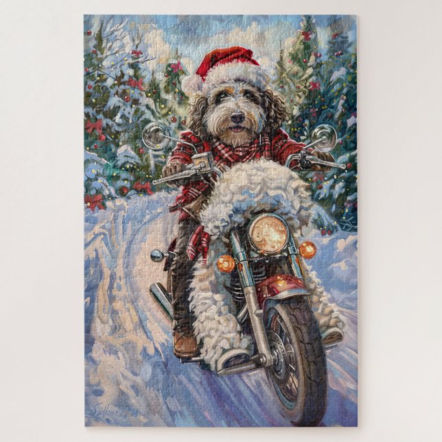 Bernedoodle Dog Riding Motorcycle Christmas Jigsaw Puzzle (Vertical)