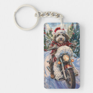 Bernedoodle Dog Riding Motorcycle Christmas Key Ring