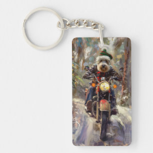 Bernedoodle Dog Riding Motorcycle Christmas  Key Ring