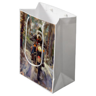 Bernedoodle Dog Riding Motorcycle Christmas  Medium Gift Bag