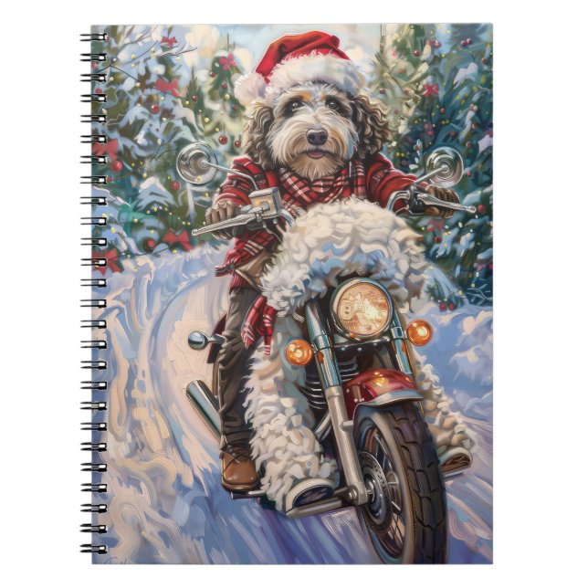 Bernedoodle Dog Riding Motorcycle Christmas Notebook (Front)