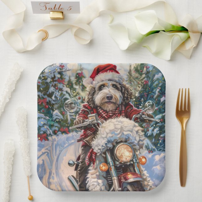 Bernedoodle Dog Riding Motorcycle Christmas Paper Plate (Wedding)