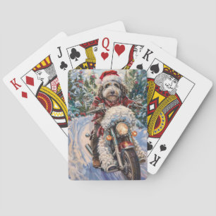 Bernedoodle Dog Riding Motorcycle Christmas Playing Cards