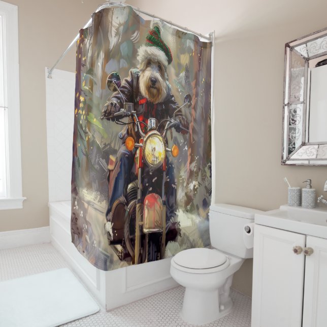Bernedoodle Dog Riding Motorcycle Christmas  Shower Curtain (In Situ)