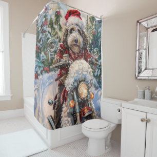 Bernedoodle Dog Riding Motorcycle Christmas Shower Curtain