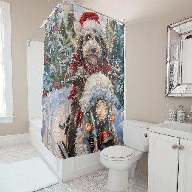 Bernedoodle Dog Riding Motorcycle Christmas Shower Curtain (In Situ)