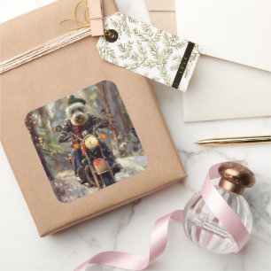 Bernedoodle Dog Riding Motorcycle Christmas Square Sticker