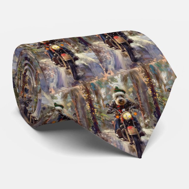 Bernedoodle Dog Riding Motorcycle Christmas  Tie (Rolled)
