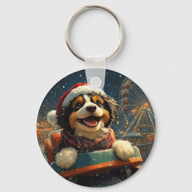 Bernedoodle Dog Roller Coaster Christmas  Key Ring (Front)