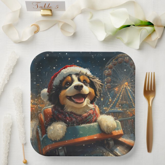 Bernedoodle Dog Roller Coaster Christmas  Paper Plate (Wedding)