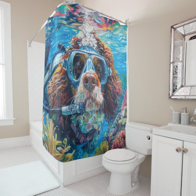 Bernedoodle Dog Scuba Diving Underwater Shower Curtain (In Situ)