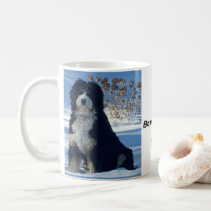 Bernedoodle dog snow mtn blue sky photo name Mug