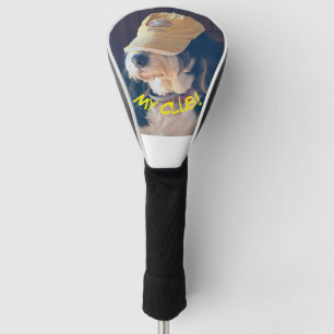 Bernedoodle dog wearing yellow golf hat head cover