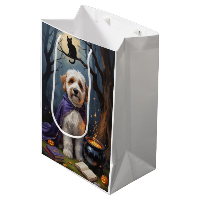 Bernedoodle Dog Whimsical Halloween Painting Medium Gift Bag (Front Angled)