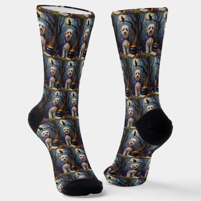 Bernedoodle Dog Whimsical Halloween Painting Socks (Angled)