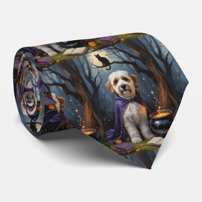 Bernedoodle Dog Whimsical Halloween Painting Tie (Rolled)